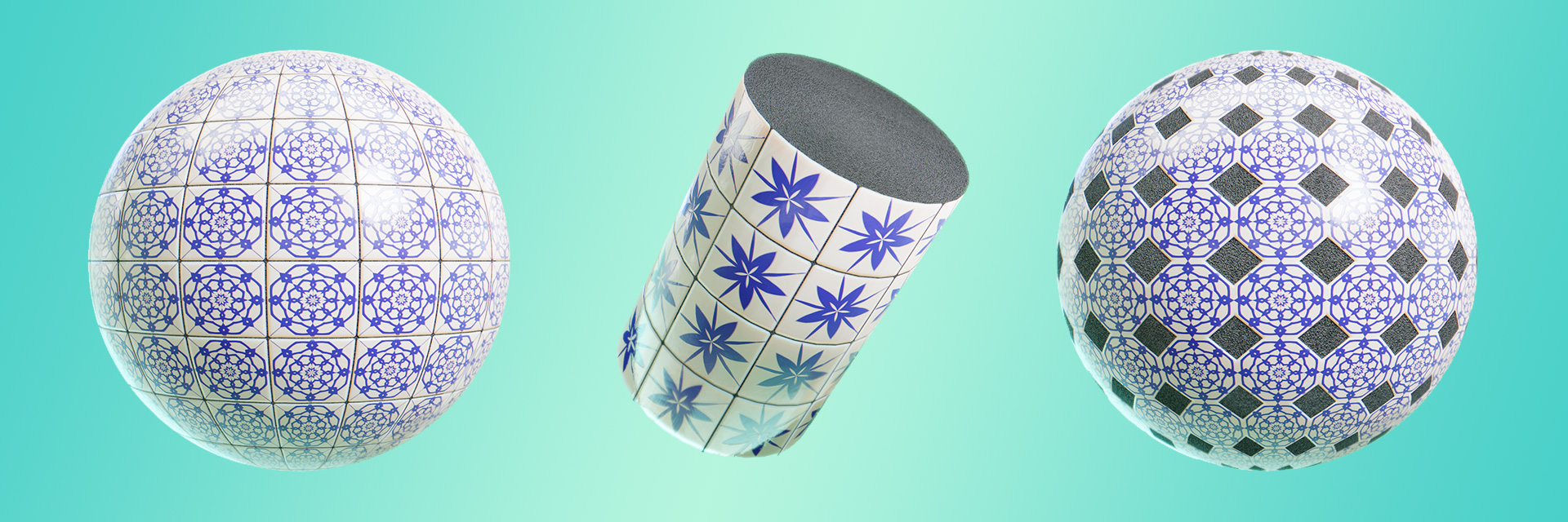 Example of the tile material on three different geometries