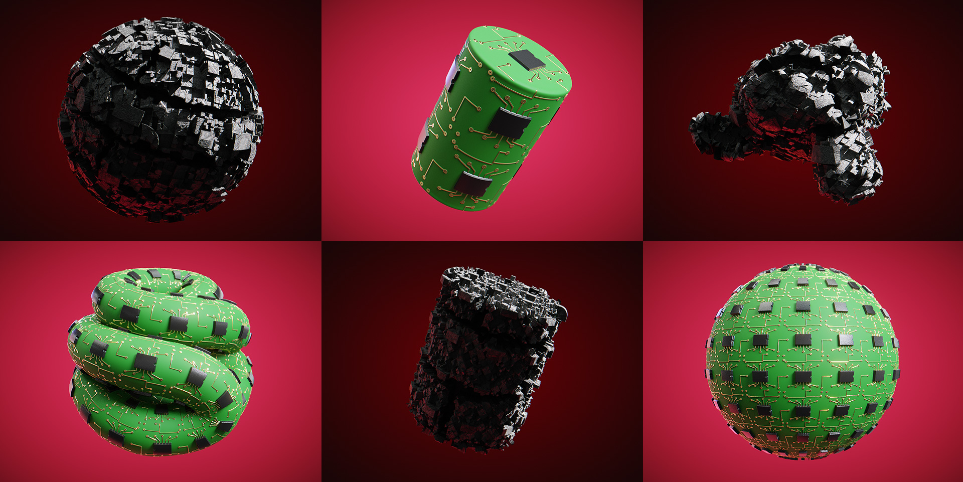 Greeble material and a PCB printed circuit board shader designed with Signed Distance fields 